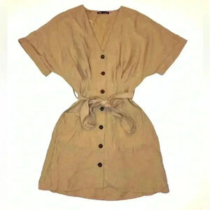Zara Womens Button Up Dress Camel Tan  Belted with front Pockets size- Medium